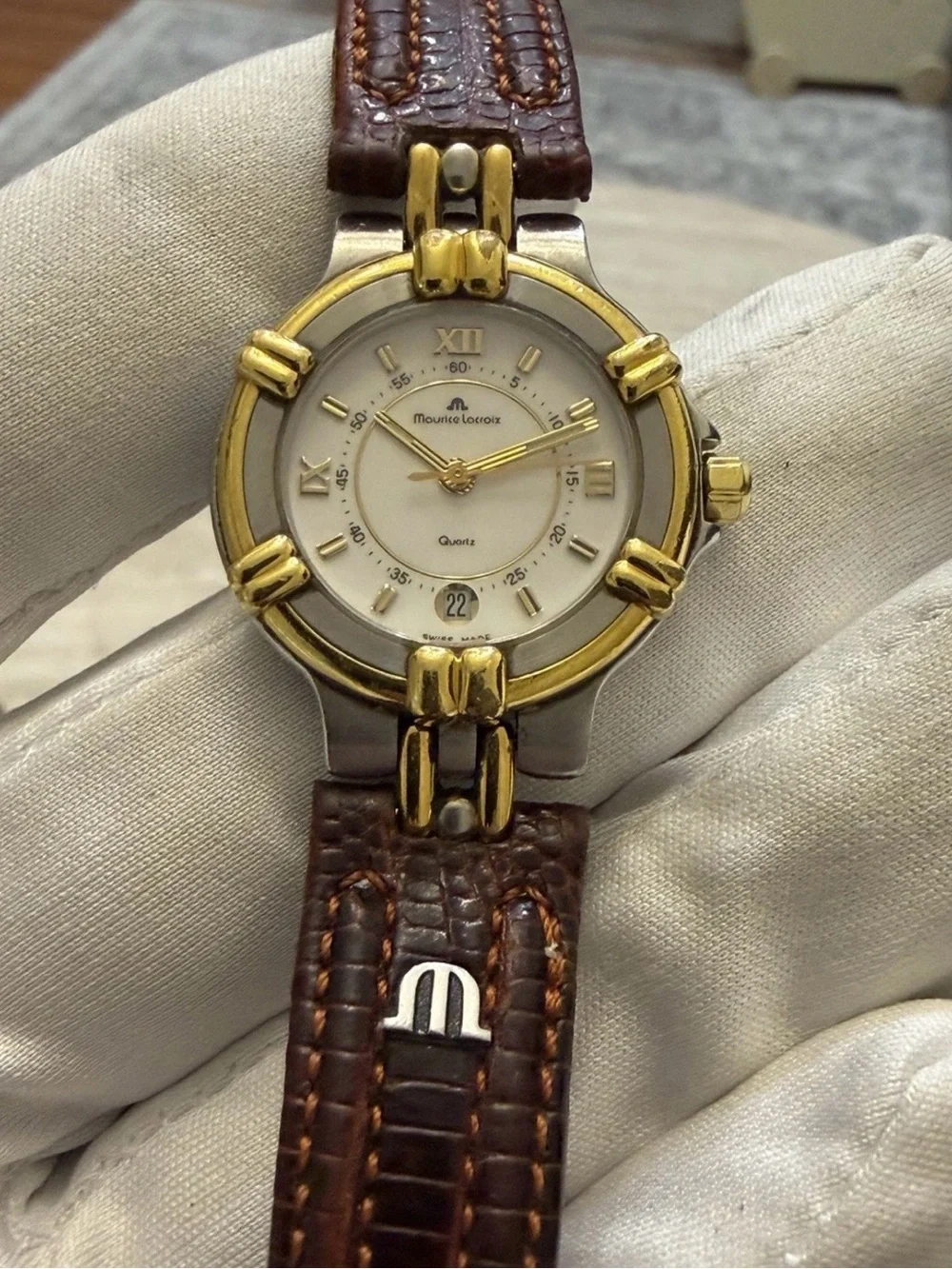 Maurice Lacroix Calypso 75344 Ladies Vintage Swiss Watch Two Tone Date Leather
